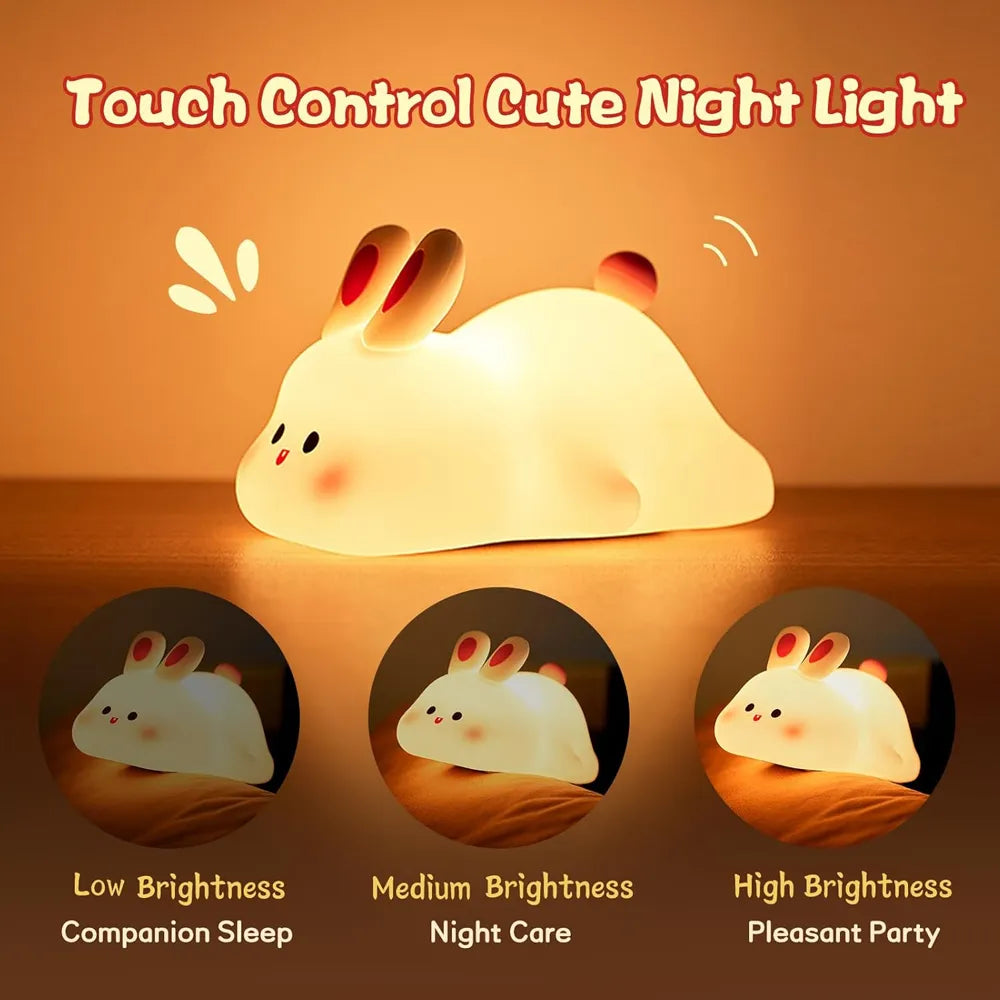 LED Big Face Rabbit Silicone Night Light 3 Modes 1200mAh Type-C Rechargeable