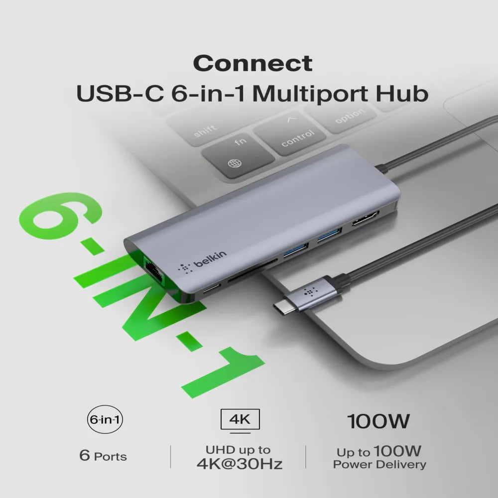 Belkin 6-in-1 Multiport Adapter Dock USB C Hub with 4K HDMI 100W
