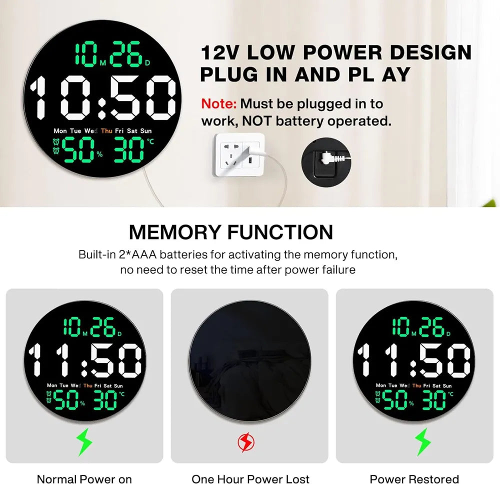 LED Digital Wall Clock Large 10" Display USB Powered Remote Control