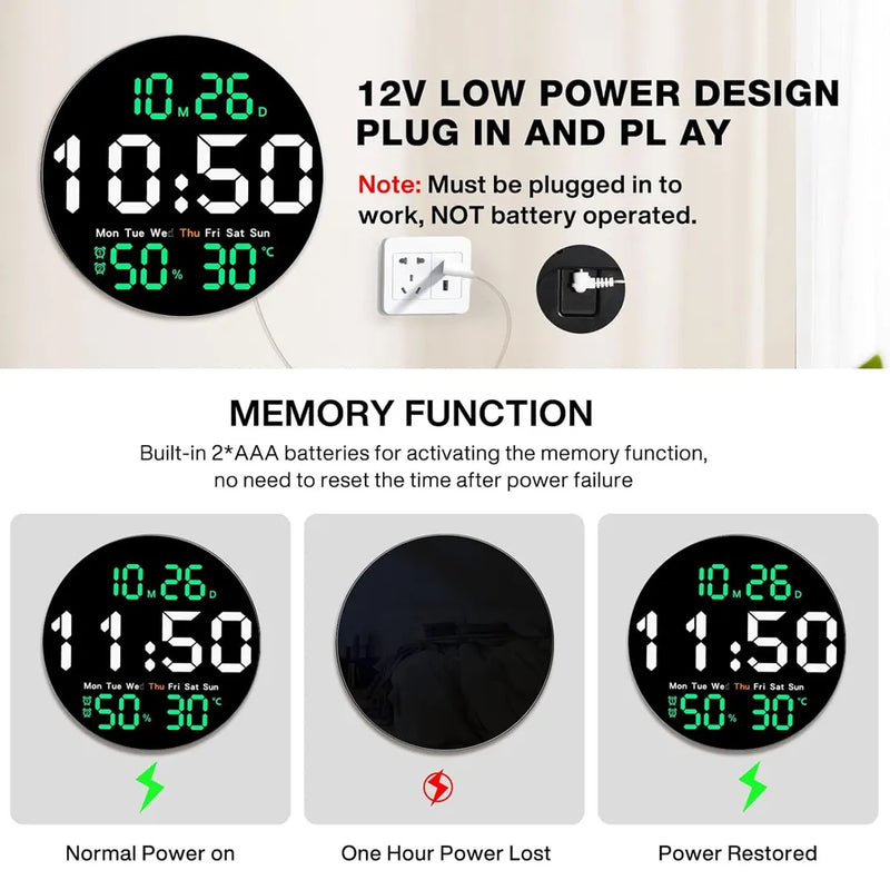 LED Digital Wall Clock Large 10" Display USB Powered Remote Control
