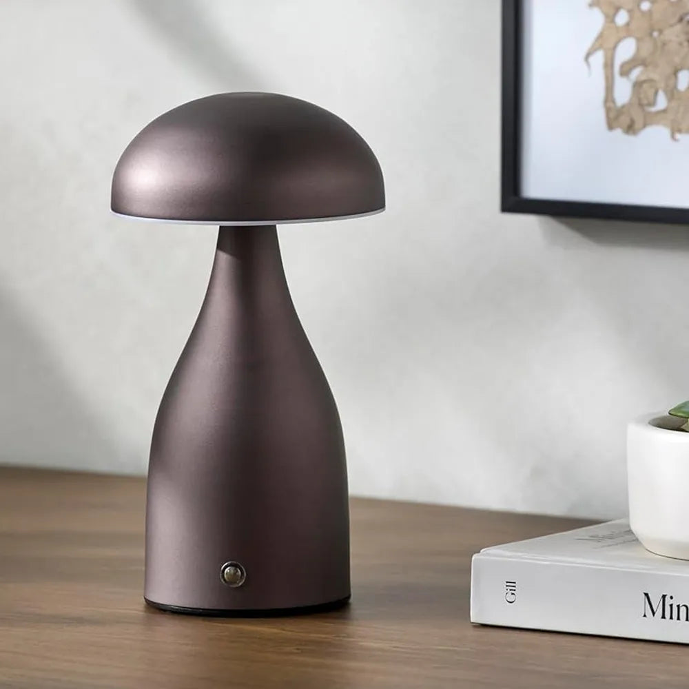 Traditional Mushroom Style Table Lamp With Adjustable Brightness 9in Tall 1200mAh Rechargeable Battery - Brown