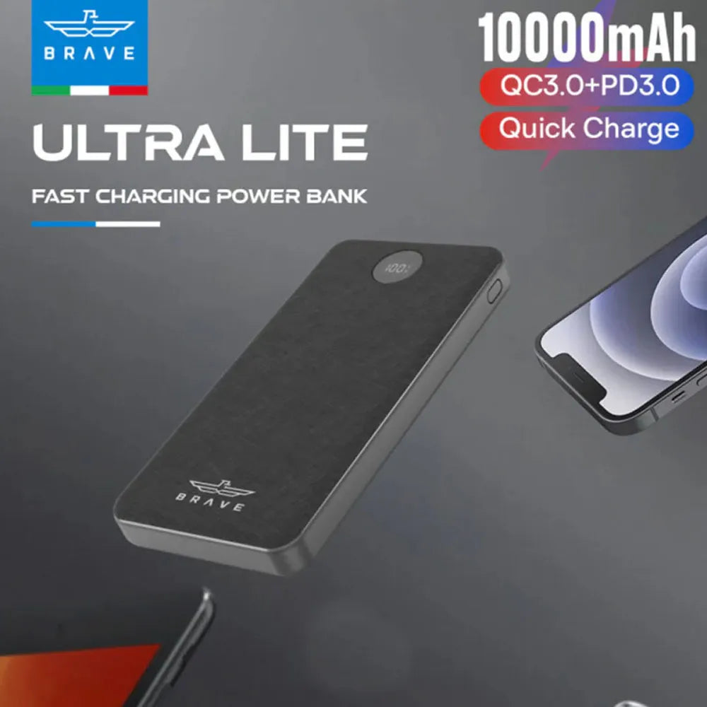 Brave Slim Power Bank Fast Charging with Type-C + Dual USB-A Ports 10000mAh 22.5W