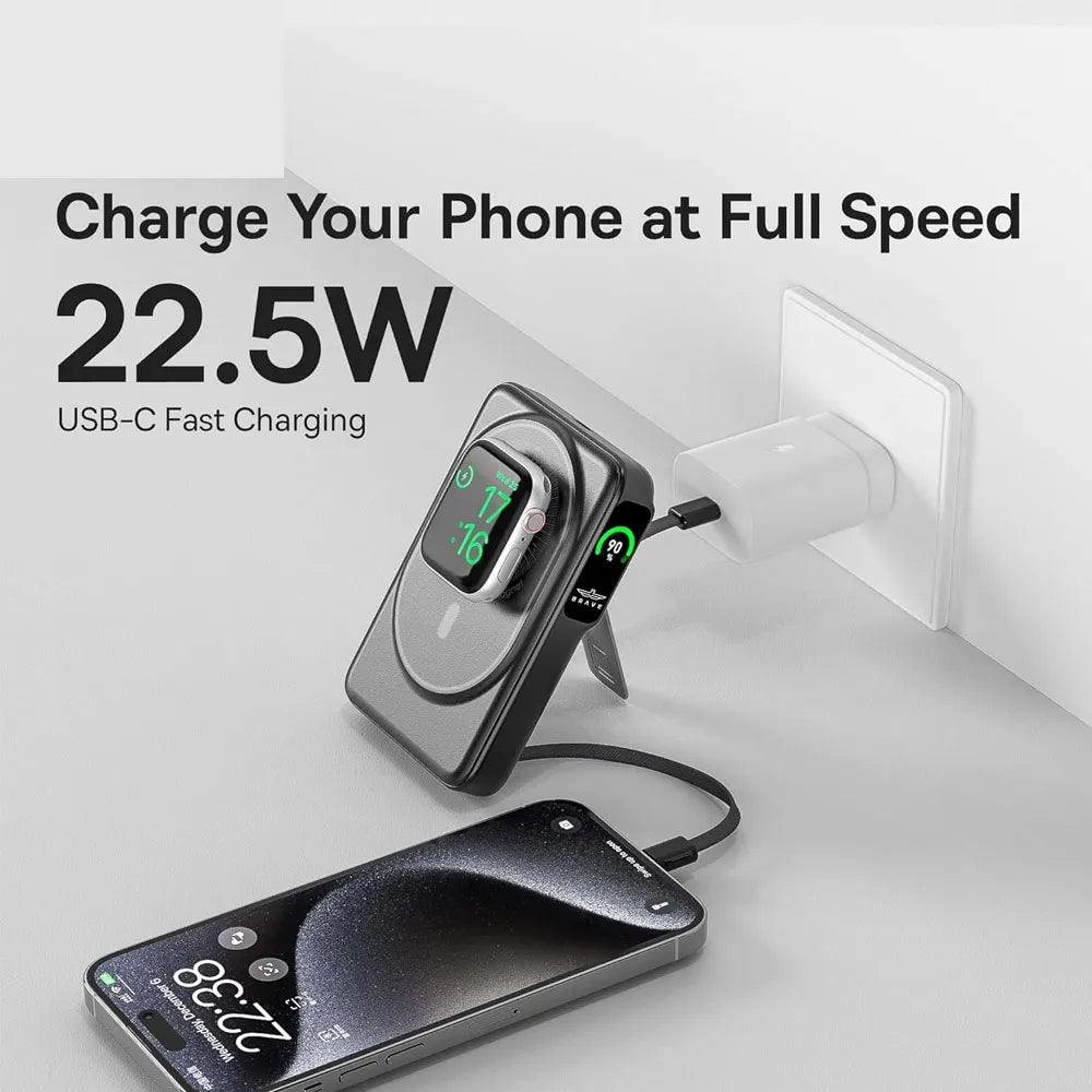 Brave 6-in-1 Wireless Power Bank with MagSafe Built-in Type C & Lightning Cables 10000mAh