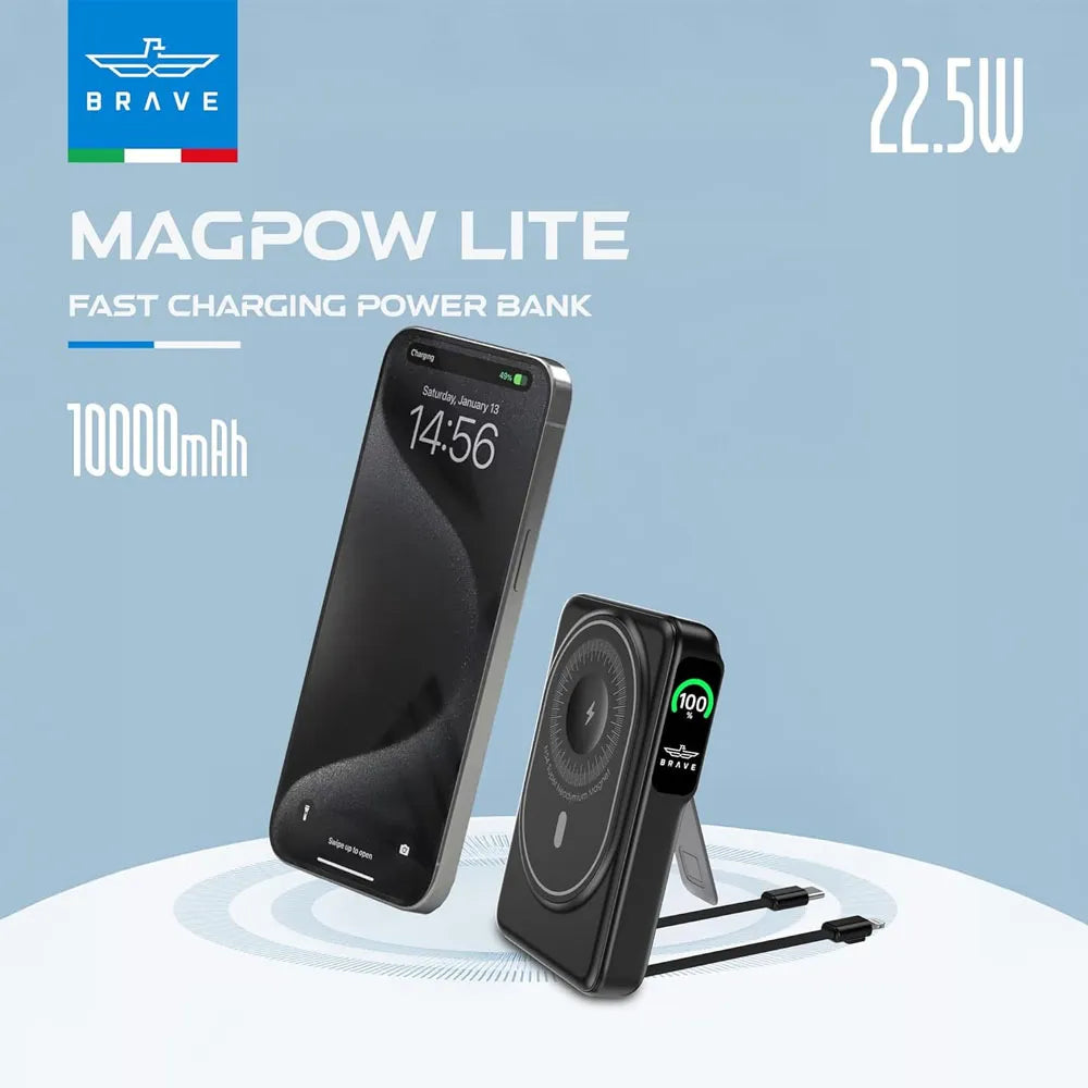 Brave 6-in-1 Wireless Power Bank with MagSafe Built-in Type C & Lightning Cables 10000mAh