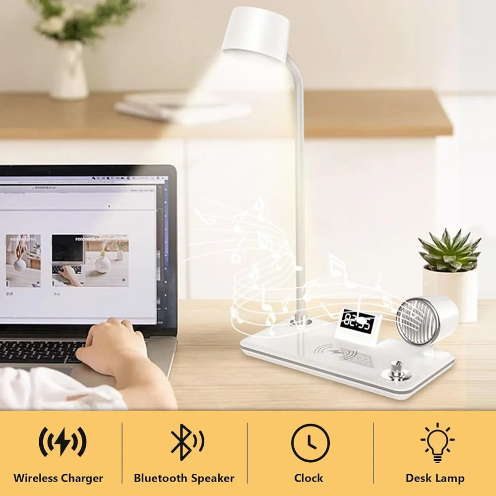 LED Desk Lamps with 4 in 1 Wireless Charger 360°Adjustable 15W - White