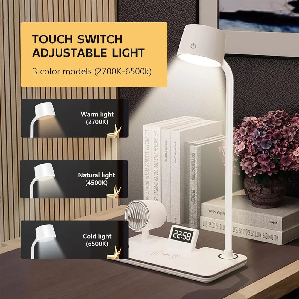 LED Desk Lamps with 4 in 1 Wireless Charger 360°Adjustable 15W - White