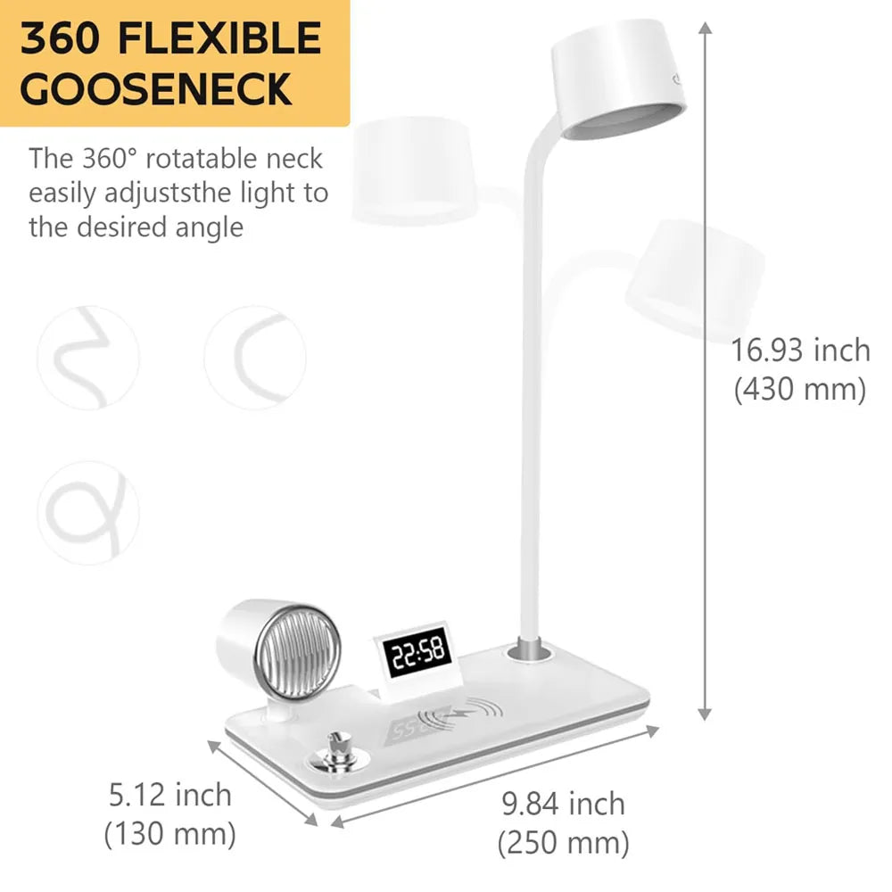 LED Desk Lamps with 4 in 1 Wireless Charger 360°Adjustable 15W - White