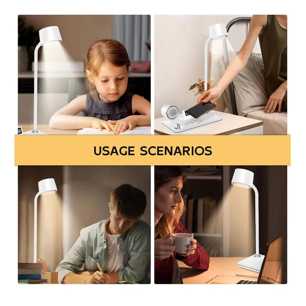 LED Desk Lamps with 4 in 1 Wireless Charger 360°Adjustable 15W - White