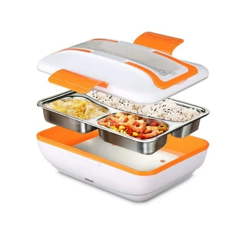Portable Electric Lunch Box 3-Layer 304 Stainless Steel PTC Heating 12V Car Use - Orange