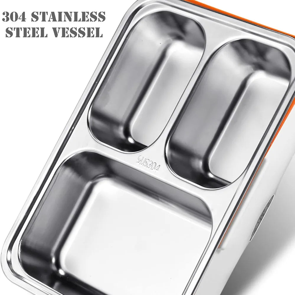 Portable Electric Lunch Box 3-Layer 304 Stainless Steel PTC Heating 12V Car Use - Orange