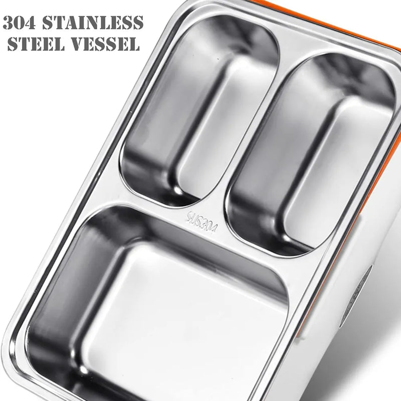 Portable Electric Lunch Box 3-Layer 304 Stainless Steel PTC Heating 12V Car Use - Orange