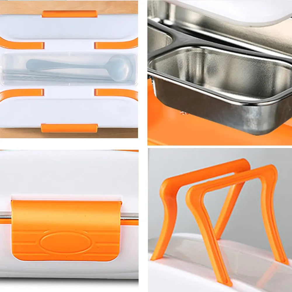 Portable Electric Lunch Box 3-Layer 304 Stainless Steel PTC Heating 12V Car Use - Orange