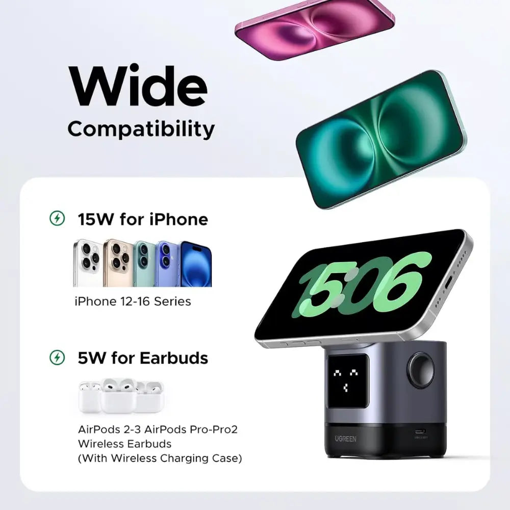 UGREEN Uno Qi2 2-in-1 Wireless Charger, 15W Fast Charging, USB-C, for iPhone 12-16 Series, AirPods 3/2/Pro