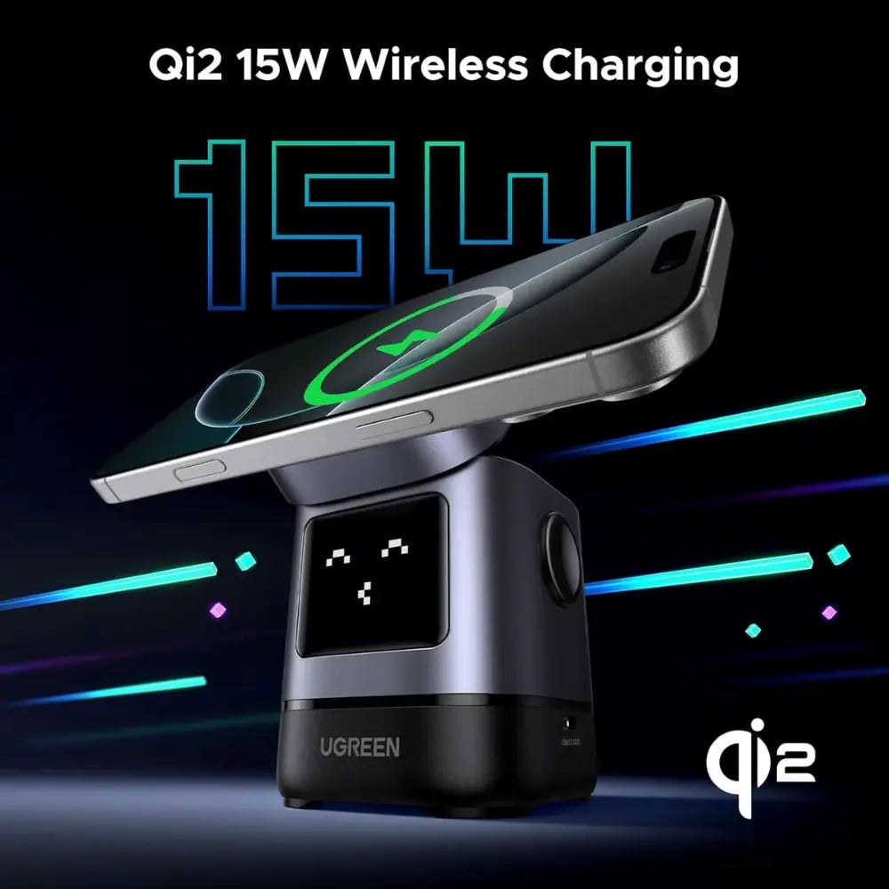 UGREEN Uno Qi2 2-in-1 Wireless Charger, 15W Fast Charging, USB-C, for iPhone 12-16 Series, AirPods 3/2/Pro