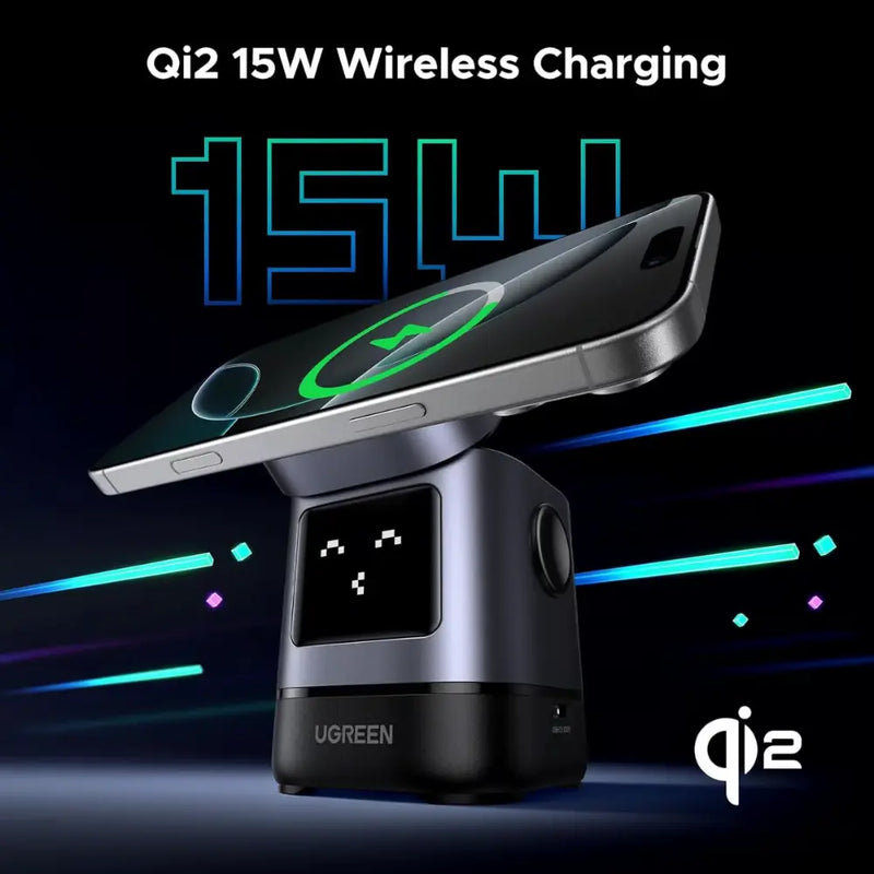 UGREEN Uno Qi2 2-in-1 Wireless Charger, 15W Fast Charging, USB-C, for iPhone 12-16 Series, AirPods 3/2/Pro