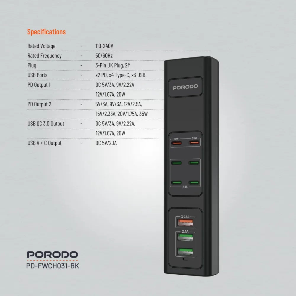 Porodo Multi-Port USB Charging Hub With 6 Charging Ports 85W – Black
