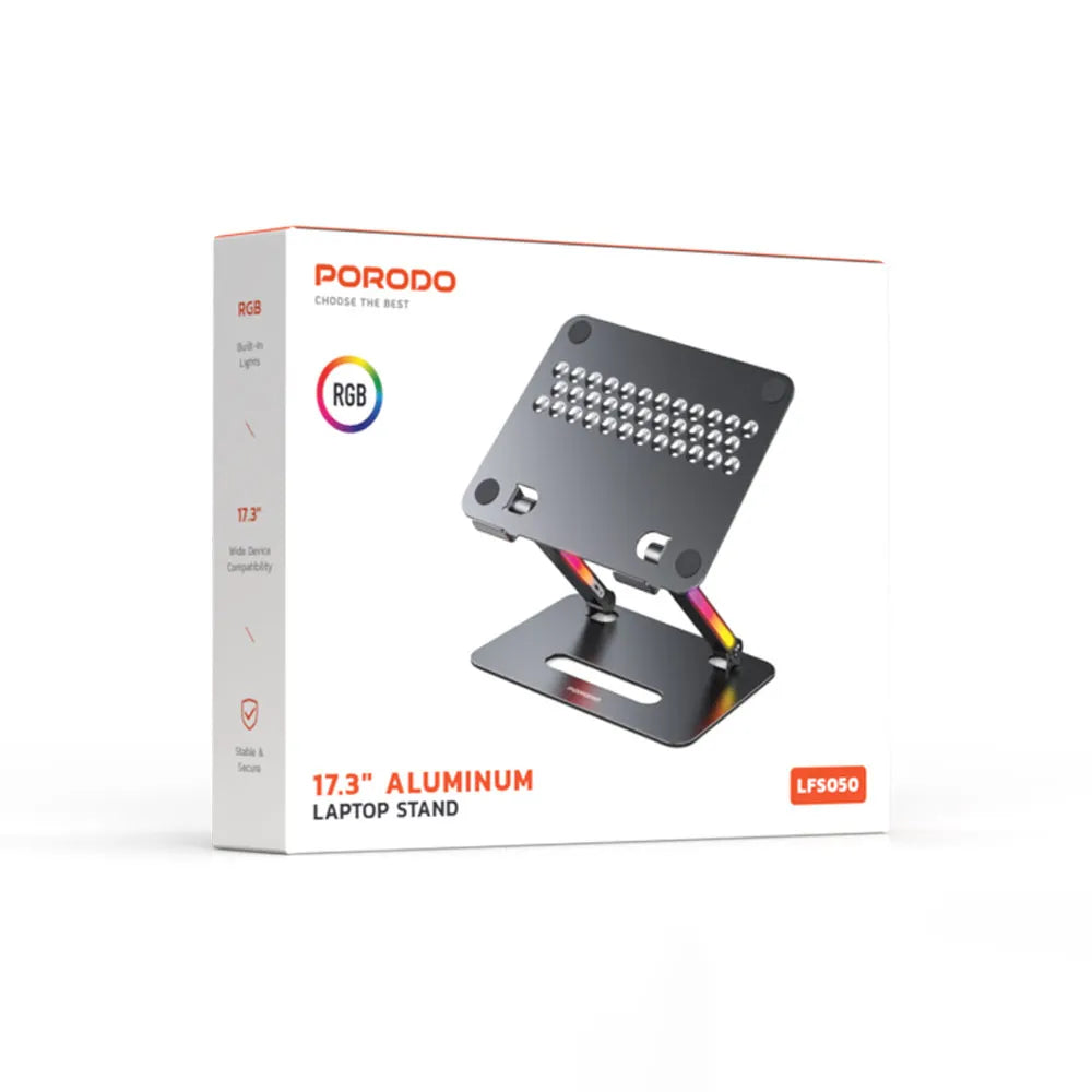 Porodo Adjustable Aluminum Laptop Stand with RGB Lighting 17.3" – Gray