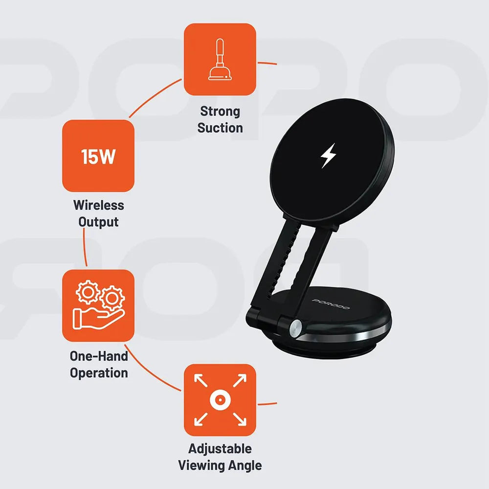 Porodo Vacuseal Magsafe Charging Mount 120mAh 15W Type-C Rechargeable – Black