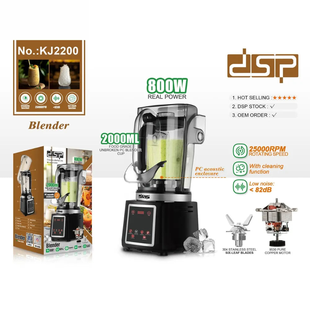 DSP 800W High-Speed Blender – 2000ML Capacity, 25000RPM, Low Noise & Cleaning Function