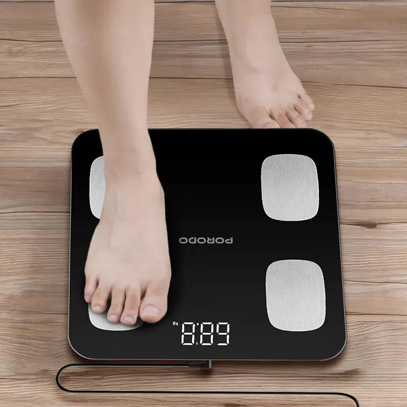 Porodo Lifestyle Smart Scale Battery Operated 180kg Max Weight Full Body Analysis Four Electrode Handles Bluetooth – Black