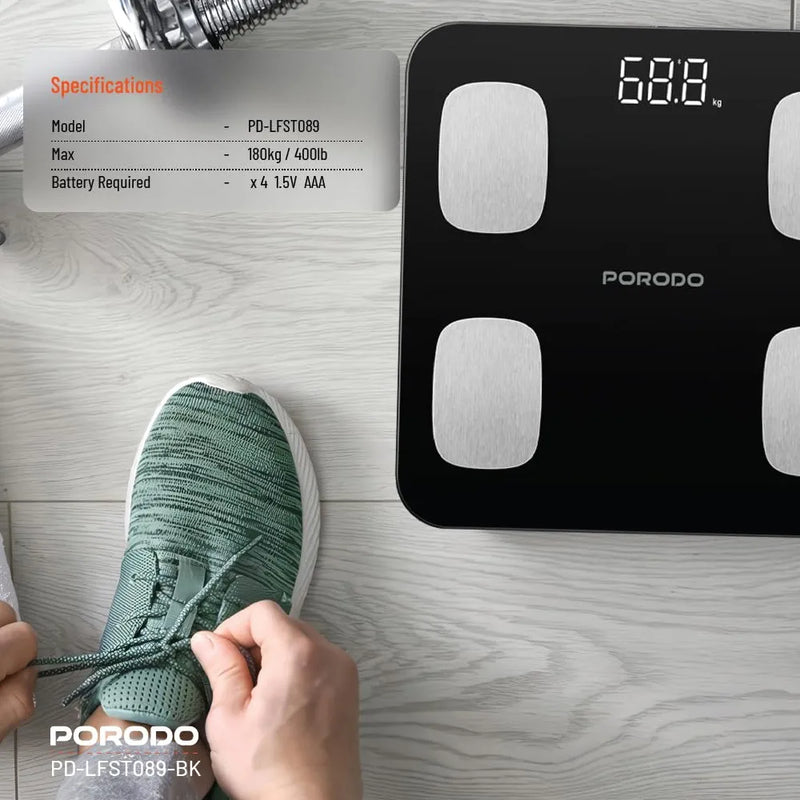 Porodo Lifestyle Smart Scale Battery Operated 180kg Max Weight Full Body Analysis Four Electrode Handles Bluetooth – Black