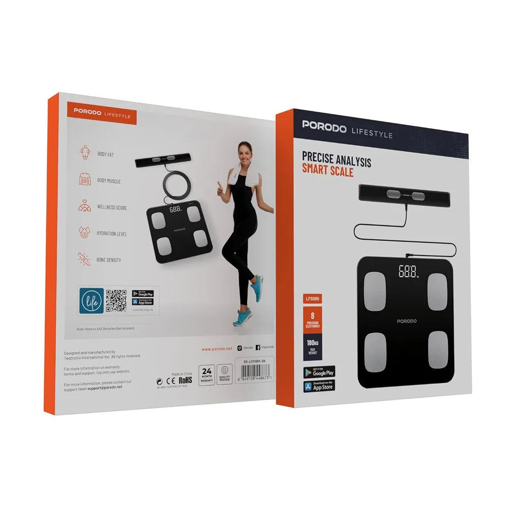Porodo Lifestyle Smart Scale Battery Operated 180kg Max Weight Full Body Analysis Four Electrode Handles Bluetooth – Black