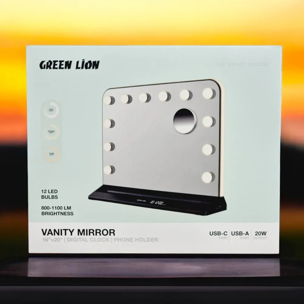 Green Lion Vanity Mirror – 16"×20" LED Lighted, Adjustable Brightness, Touch Control & Rechargeable, 20W