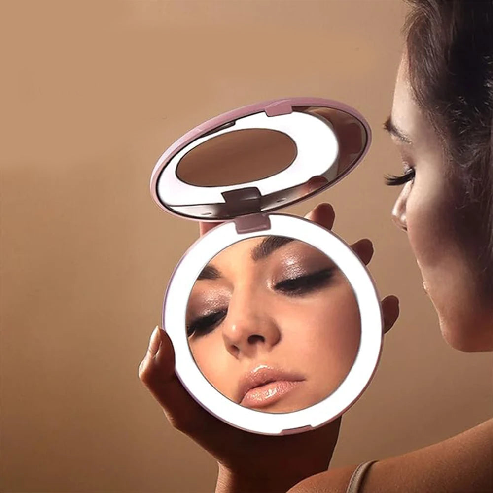 LED Lighting Rechargeable Compact Mirror – Portable Beauty with Illuminated Clarity - Pink