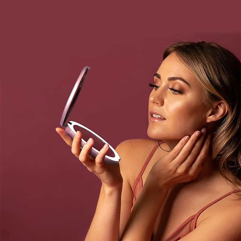 LED Lighting Rechargeable Compact Mirror – Portable Beauty with Illuminated Clarity - Pink