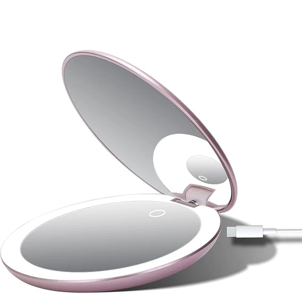 LED Lighting Rechargeable Compact Mirror – Portable Beauty with Illuminated Clarity - Pink
