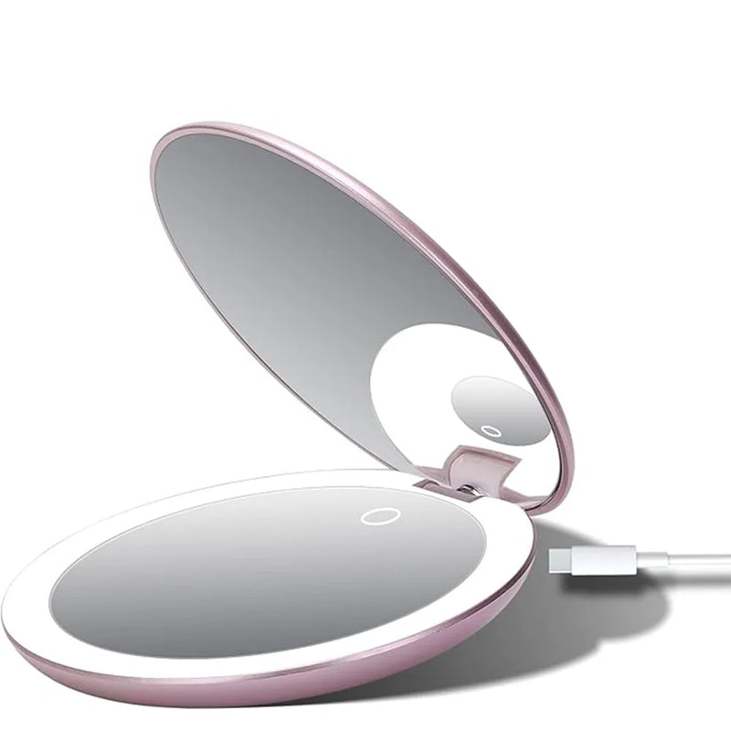 LED Lighting Rechargeable Compact Mirror – Portable Beauty with Illuminated Clarity - Pink