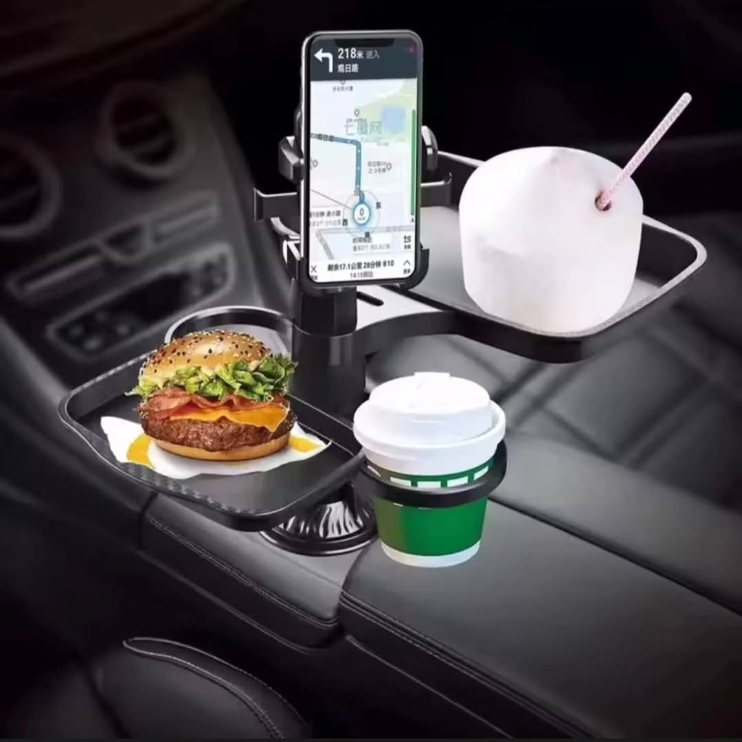 Adjustable Car Cup Holder with Phone Mount & Tray – 360° Rotating Stand for Drinks & Snacks