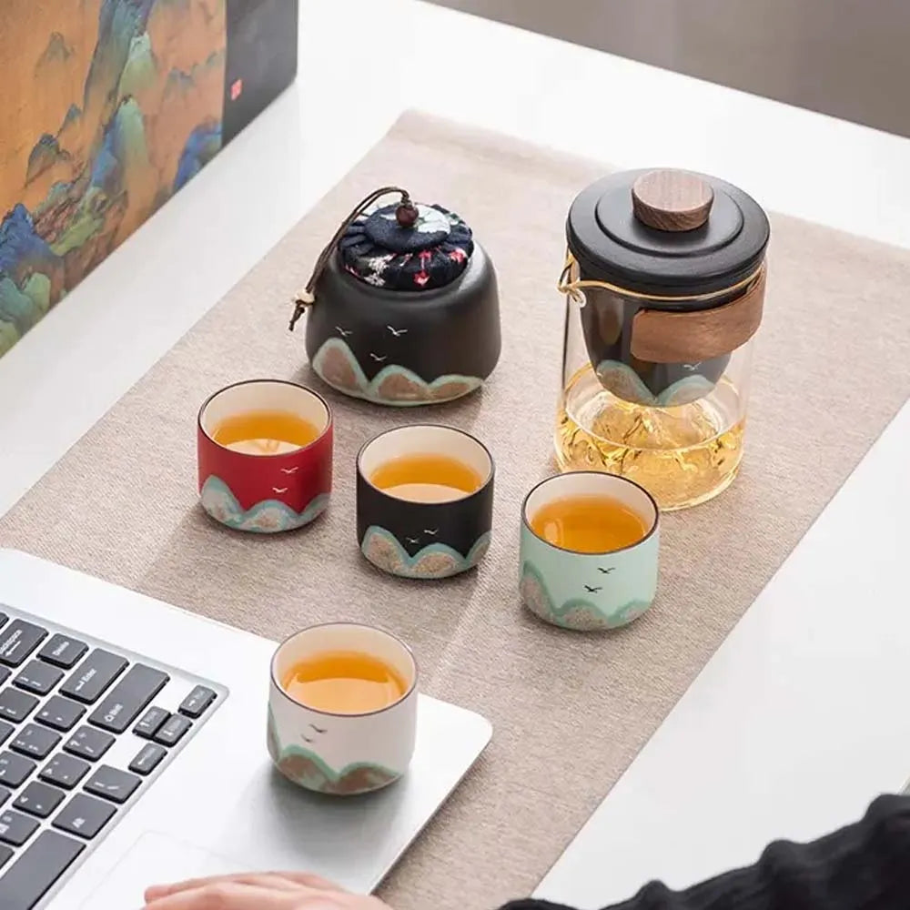 Hand-painted Ceramic Travel Tea Cup Set