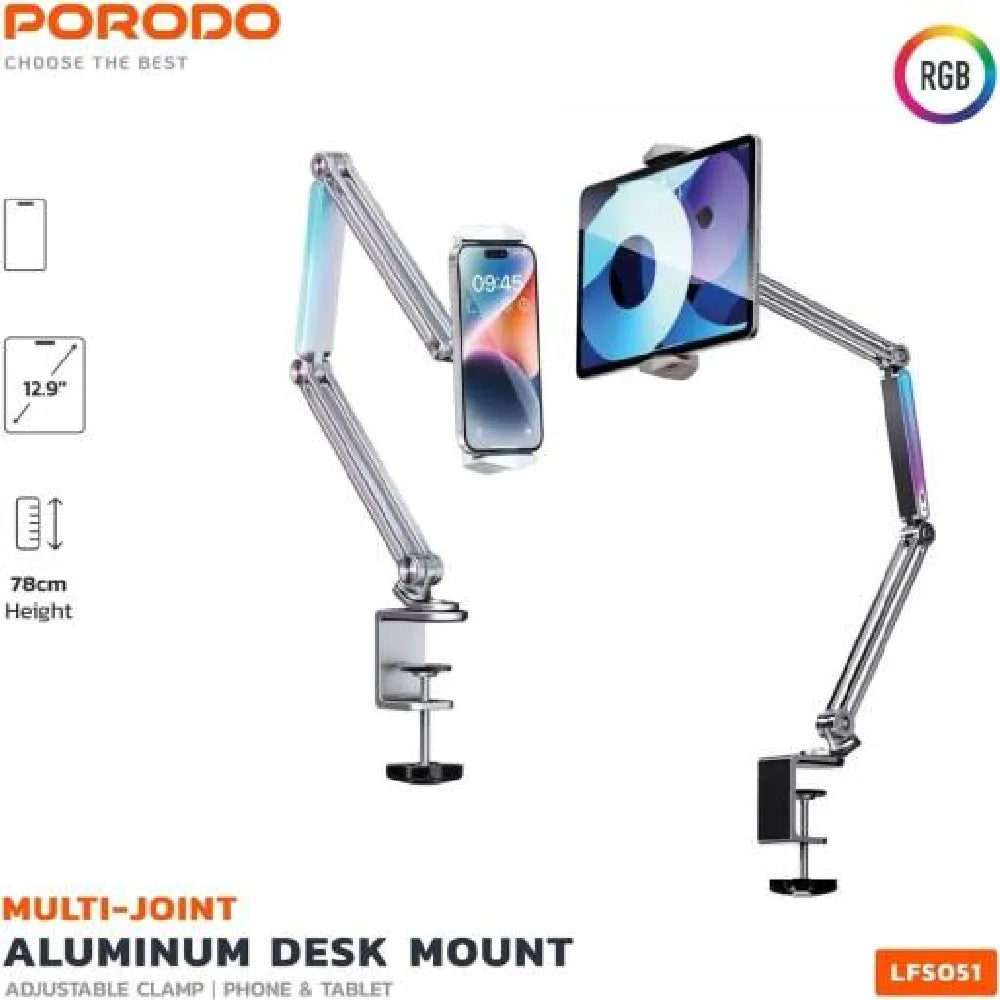 Porodo Multi - Joint Aluminum Desk Mount 60° Flexible Viewing Angle  – Grey