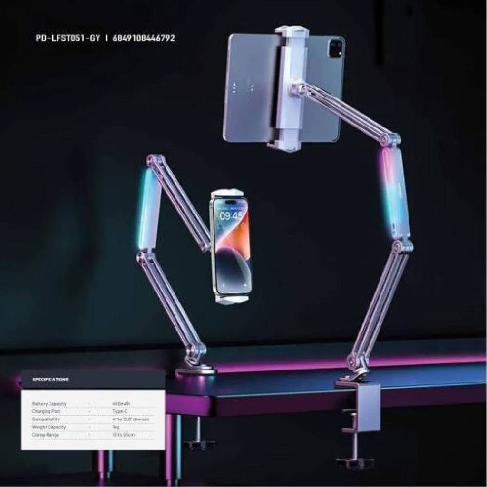 Porodo Multi - Joint Aluminum Desk Mount 60° Flexible Viewing Angle  – Grey