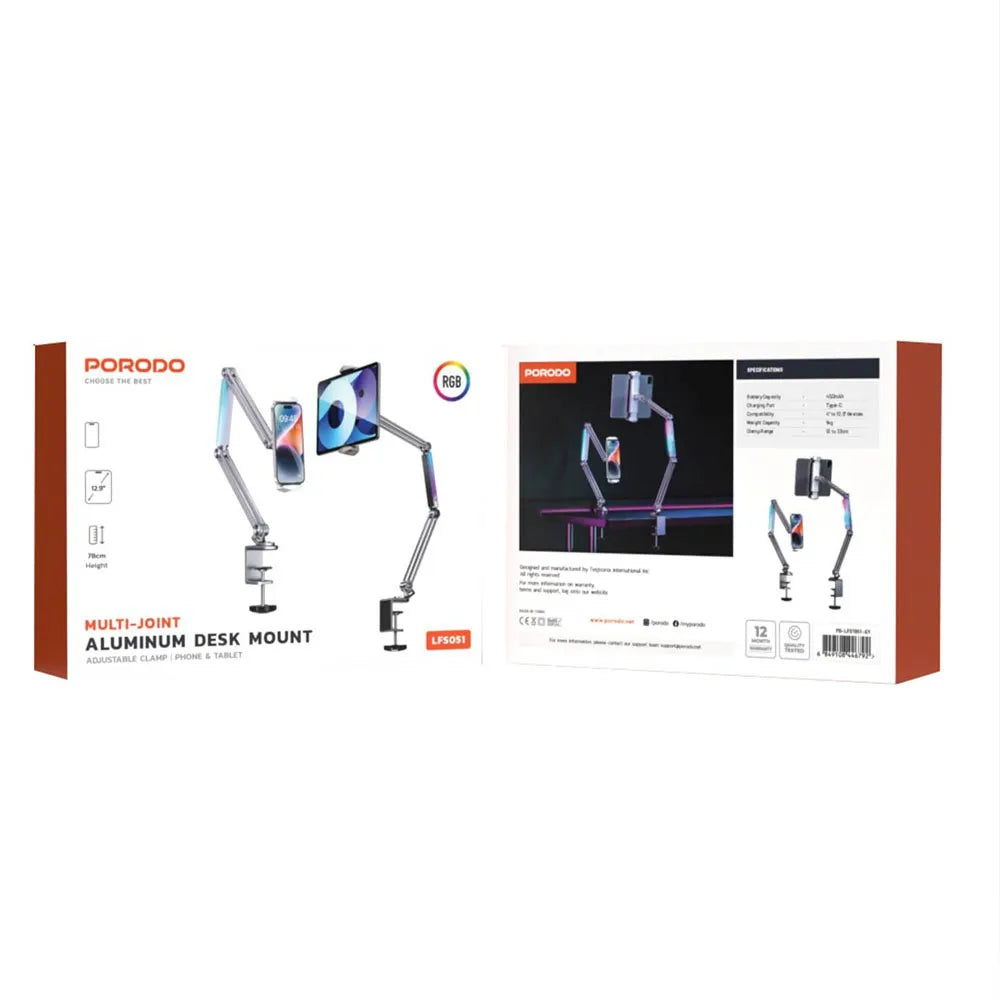 Porodo Multi - Joint Aluminum Desk Mount 60° Flexible Viewing Angle  – Grey