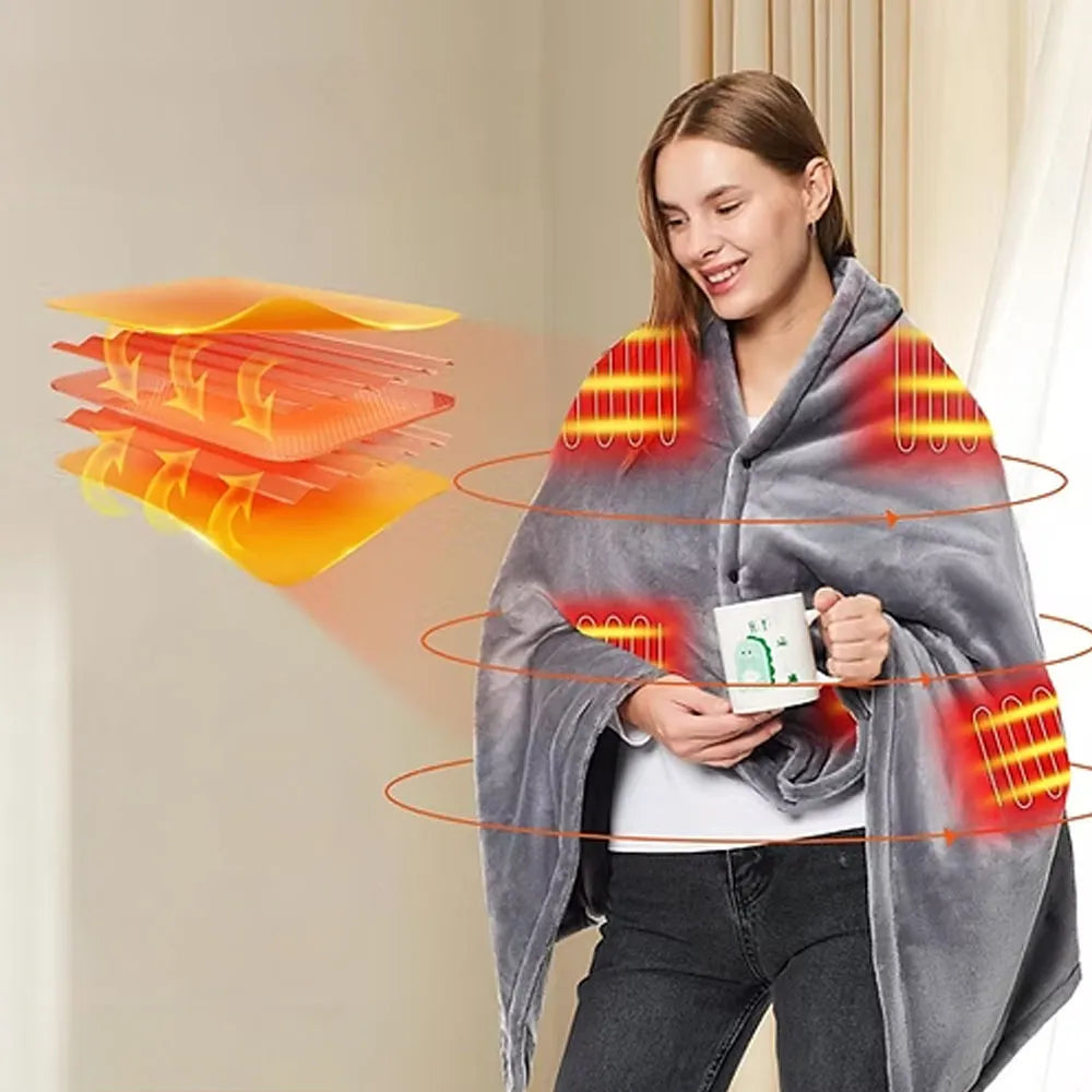 Electric Heating Outer Blanket USB Rechargeable 3 Heat Levels 8 Heating Zones Washable Coral Fleece