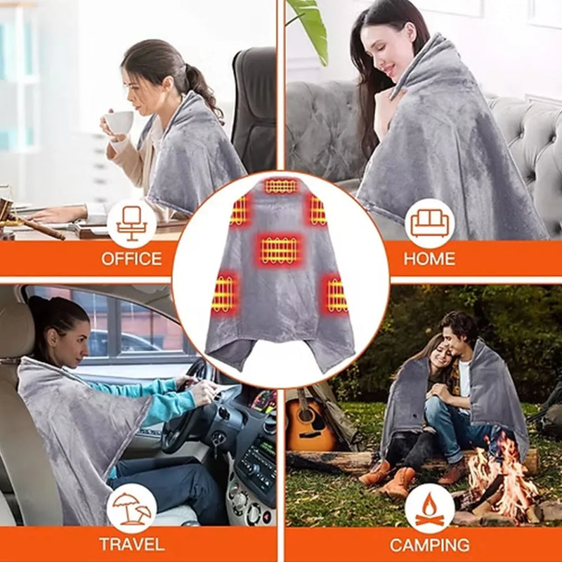Electric Heating Outer Blanket USB Rechargeable 3 Heat Levels 8 Heating Zones Washable Coral Fleece