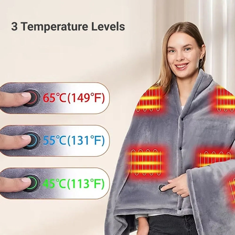 Electric Heating Outer Blanket USB Rechargeable 3 Heat Levels 8 Heating Zones Washable Coral Fleece