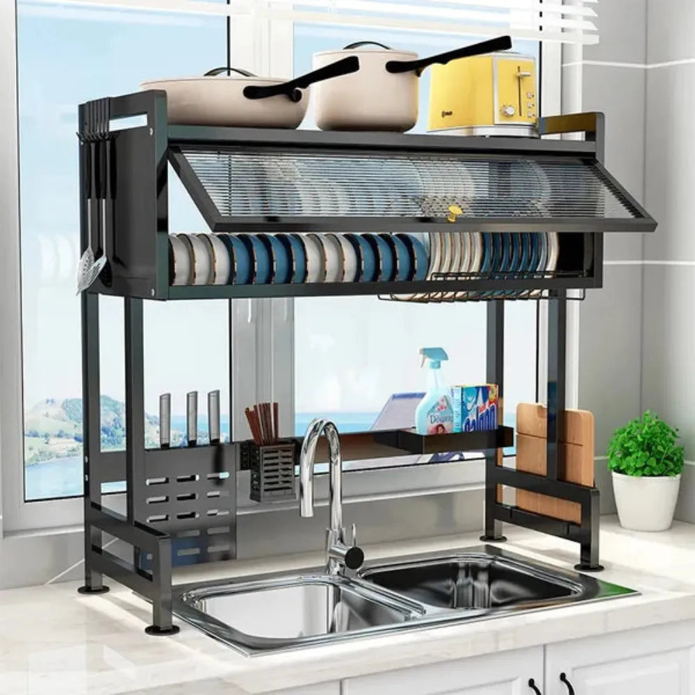 Over-Sink Kitchen Rack, 2-Tier Stainless Steel Draining Rack for Dishes, Mugs, Knives & Detergents – 85x29x10.5cm