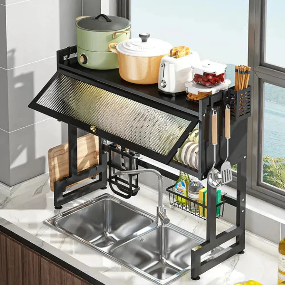 Over-Sink Kitchen Rack, 2-Tier Stainless Steel Draining Rack for Dishes, Mugs, Knives & Detergents – 85x29x10.5cm