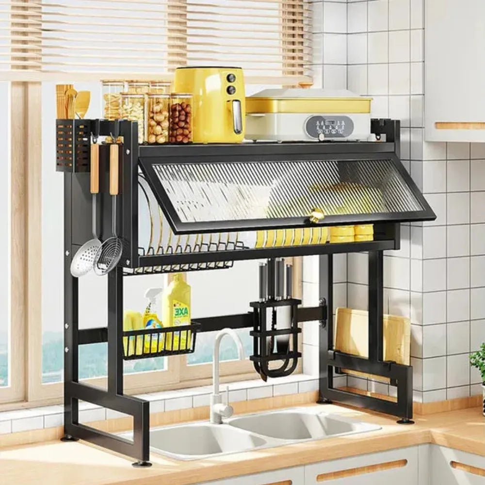 Over-Sink Kitchen Rack, 2-Tier Stainless Steel Draining Rack for Dishes, Mugs, Knives & Detergents – 85x29x10.5cm