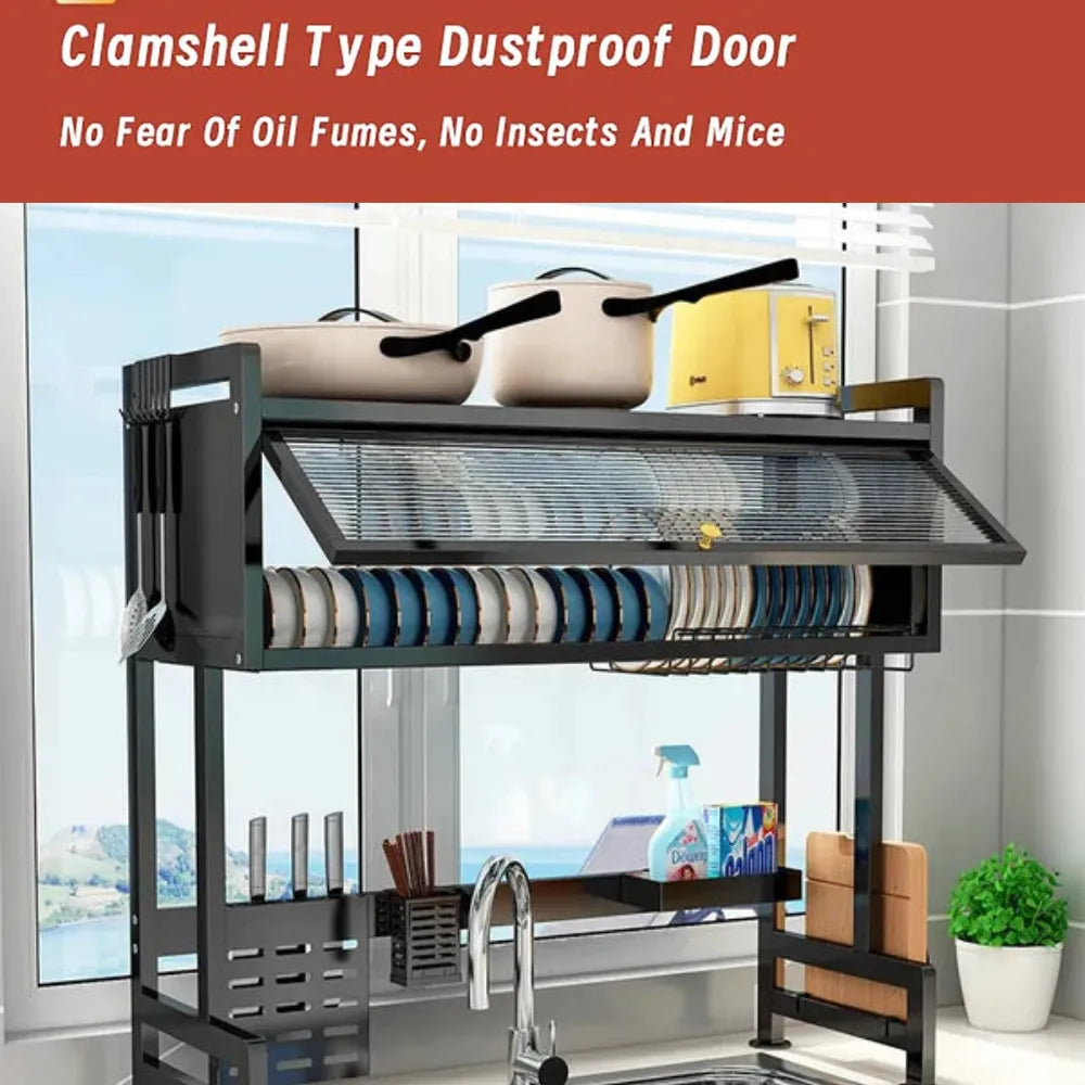 Over-Sink Kitchen Rack, 2-Tier Stainless Steel Draining Rack for Dishes, Mugs, Knives & Detergents – 85x29x10.5cm