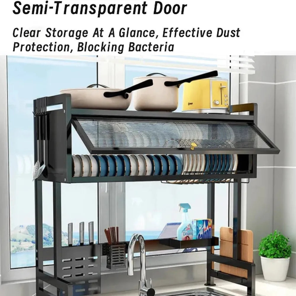 Over-Sink Kitchen Rack, 2-Tier Stainless Steel Draining Rack for Dishes, Mugs, Knives & Detergents – 85x29x10.5cm