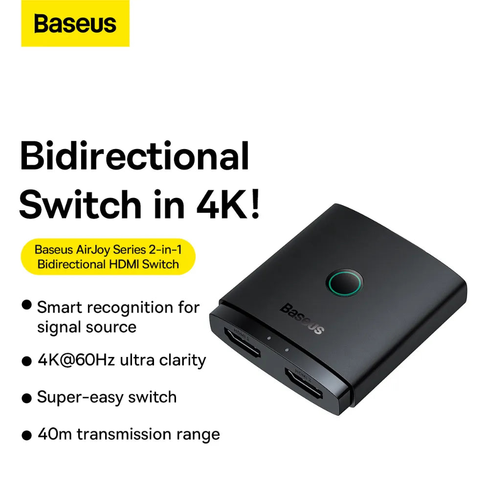 Baseus AirJoy Series HDMI Switch 4K@60Hz 2-in-1 Bidirectional with Built-in 1m Cable for Dual Display & Device Switching
