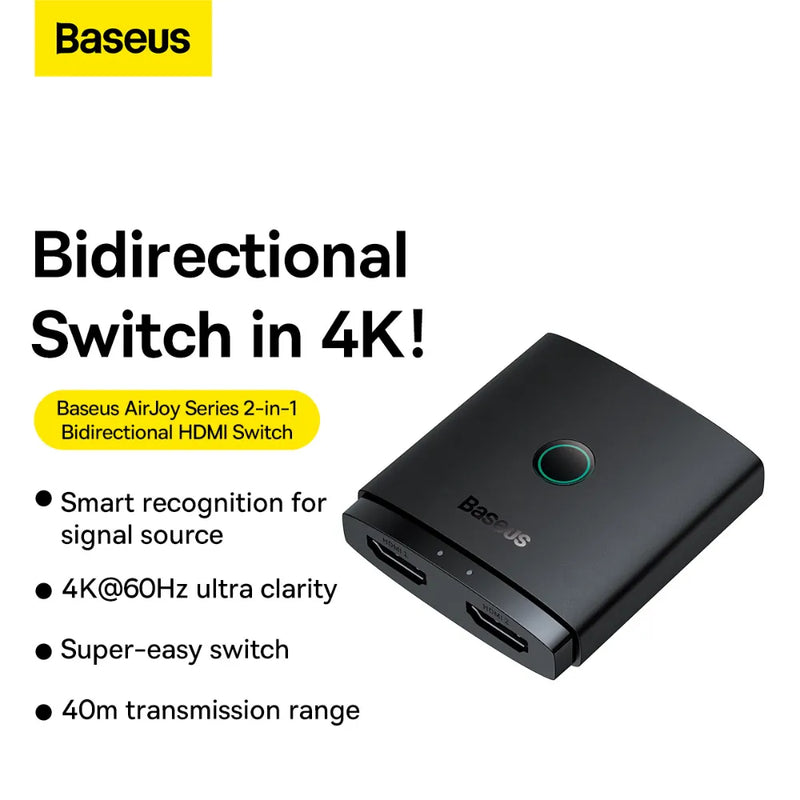 Baseus AirJoy Series HDMI Switch 4K@60Hz 2-in-1 Bidirectional with Built-in 1m Cable for Dual Display & Device Switching