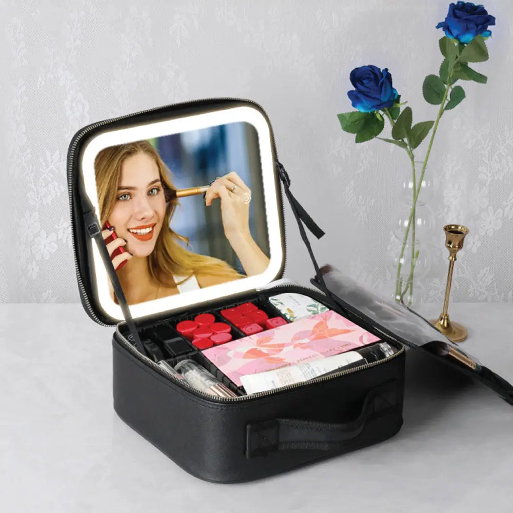 Smart LED Cosmetic Case with Mirror Travel Makeup Bag USB Rechargeable 2000mAh Battery - Black