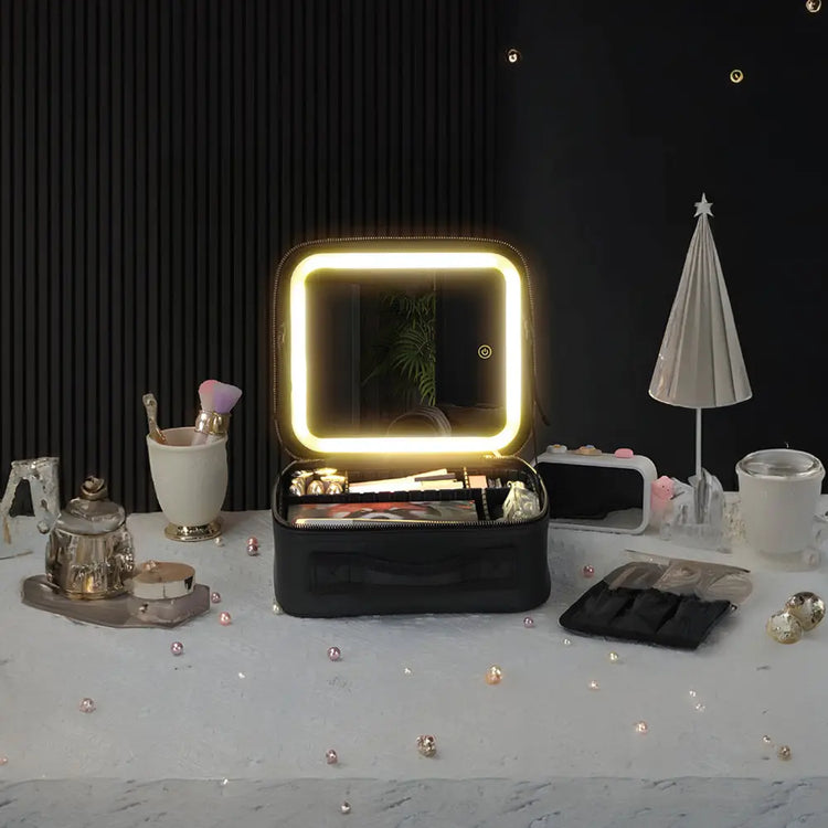 Smart LED Cosmetic Case with Mirror Travel Makeup Bag USB Rechargeable 2000mAh Battery - Black