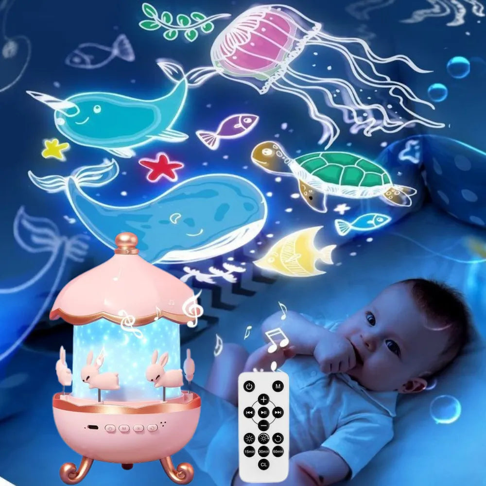 Bunny’s Carousel Night Light Projector – 315 Color, 10 Music Modes, 360° Rotation & Remote Control – Rechargeable