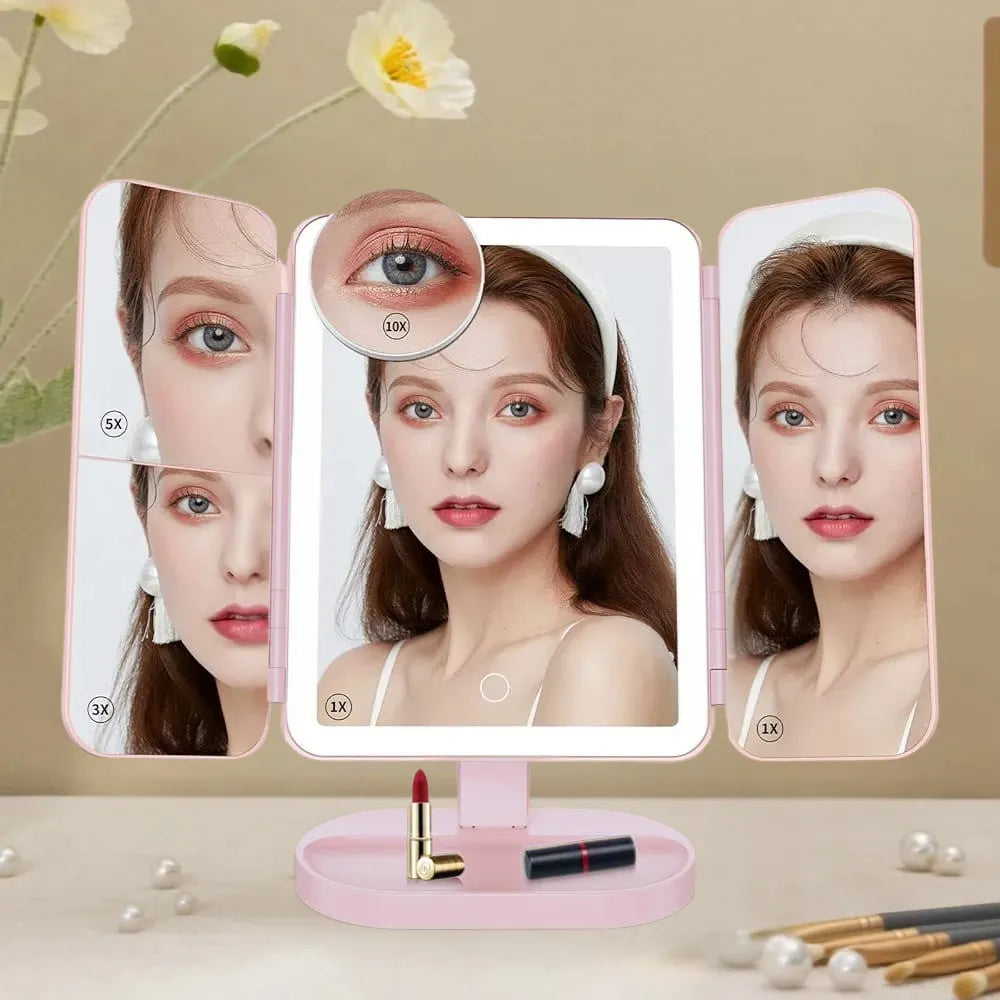 Multifunctional Umi Lighted Tri-Fold Makeup Mirror, 3-Color LED, 1X/2X/3X Magnification, 180° Rotation & Touch Control - Pink